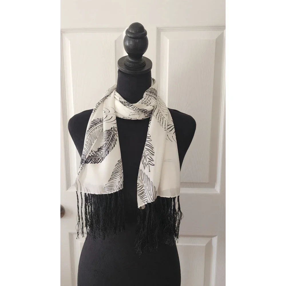 Allison W Black and White Feather Print Silk Oblong scarf  48